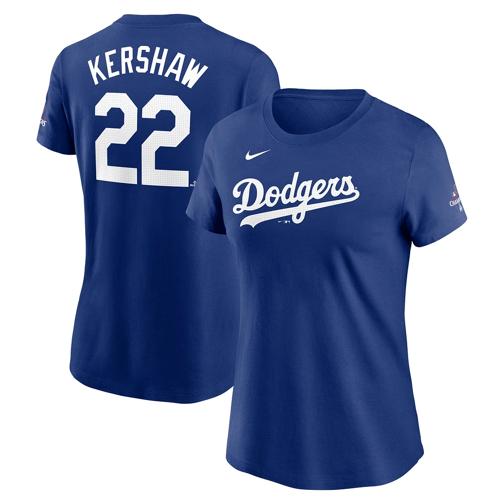 T-shirt Nike Clayton Kershaw Royal Los Angeles Dodgers 2024 World Series Champions pour femme avec nom et numéro