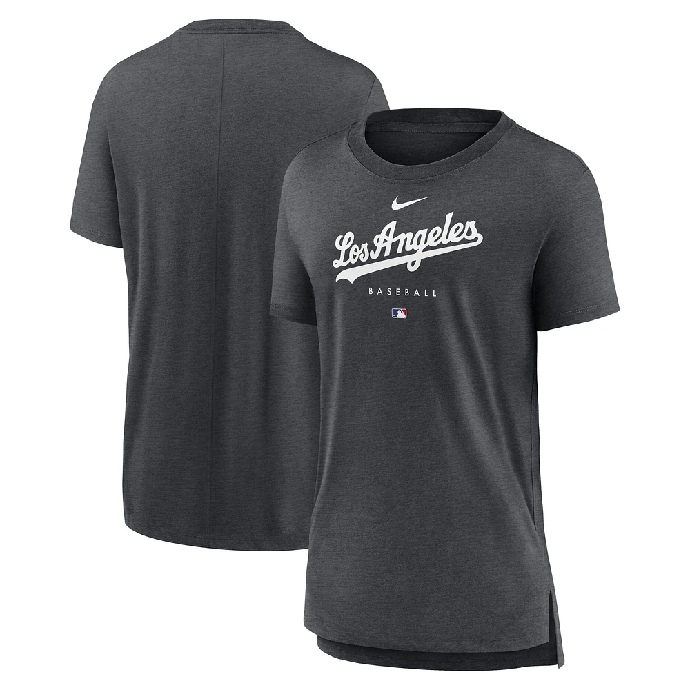 T-shirt à trois mélanges Nike Heather Charcoal Los Angeles Dodgers Authentic Collection Early Work pour femme