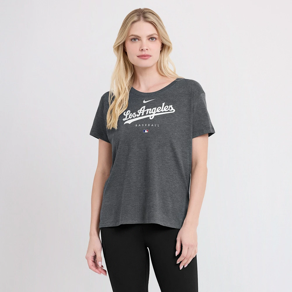 T-shirt à trois mélanges Nike Heather Charcoal Los Angeles Dodgers Authentic Collection Early Work pour femme