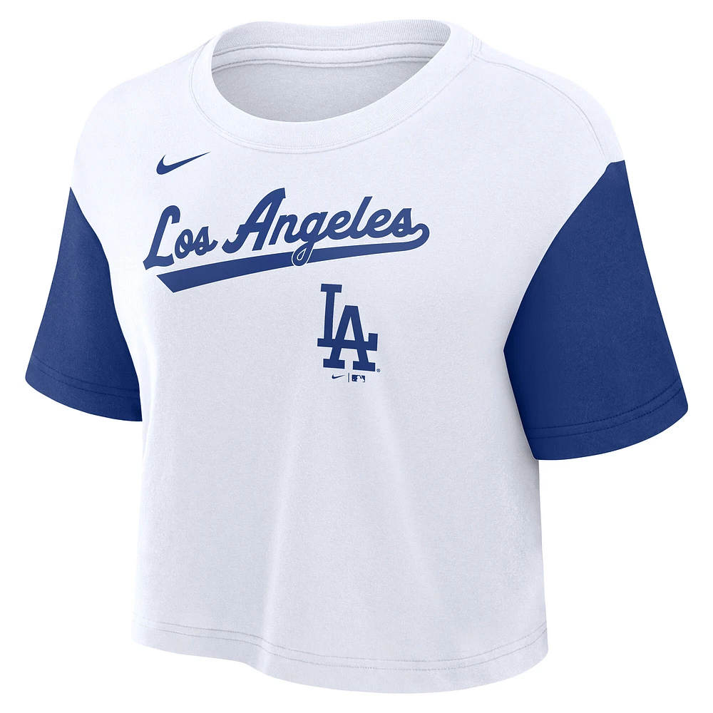 Women's Nike White/Royal Los Angeles Dodgers Script Cropped Performance T-Shirt