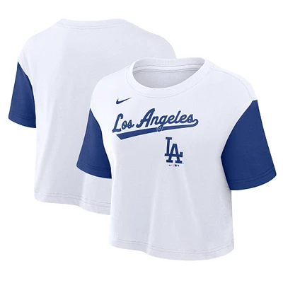 Women's Nike White/Royal Los Angeles Dodgers Script Cropped Performance T-Shirt