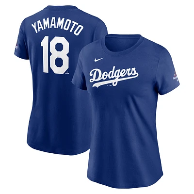 T-shirt Nike pour femme Yoshinobu Yamamoto Royal Los Angeles Dodgers Champions de la Série mondiale 2024 Nom et numéro