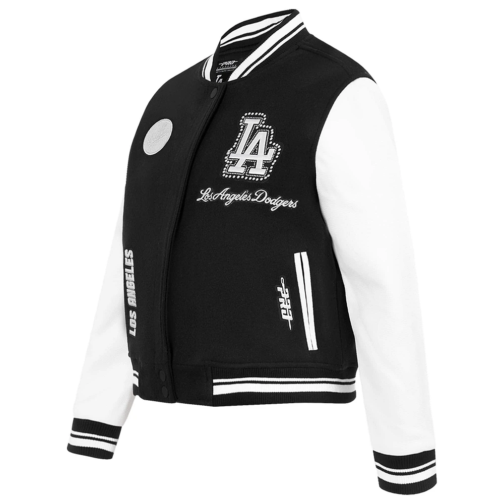 Women's Pro Standard Black Los Angeles Dodgers Pearls Rib Wool Full-Zip Varsity Jacket