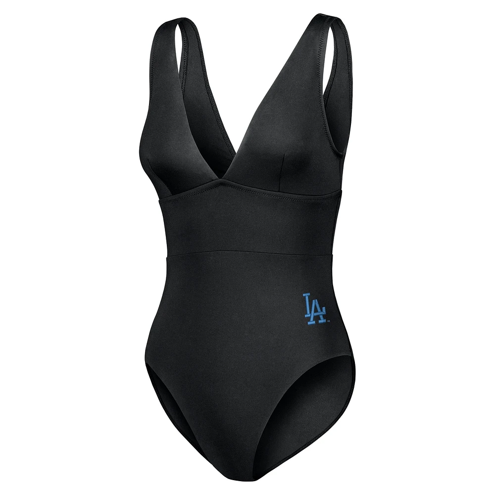 Women's Tommy Bahama Black Los Angeles Dodgers Palm Modern V-Neck One-Piece Swimsuit