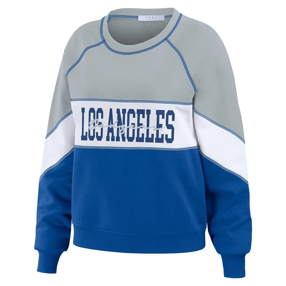 Women's WEAR by Erin Andrews Heather Gray/Royal Los Angeles Dodgers Color Block Crew Neck Pullover Sweatshirt