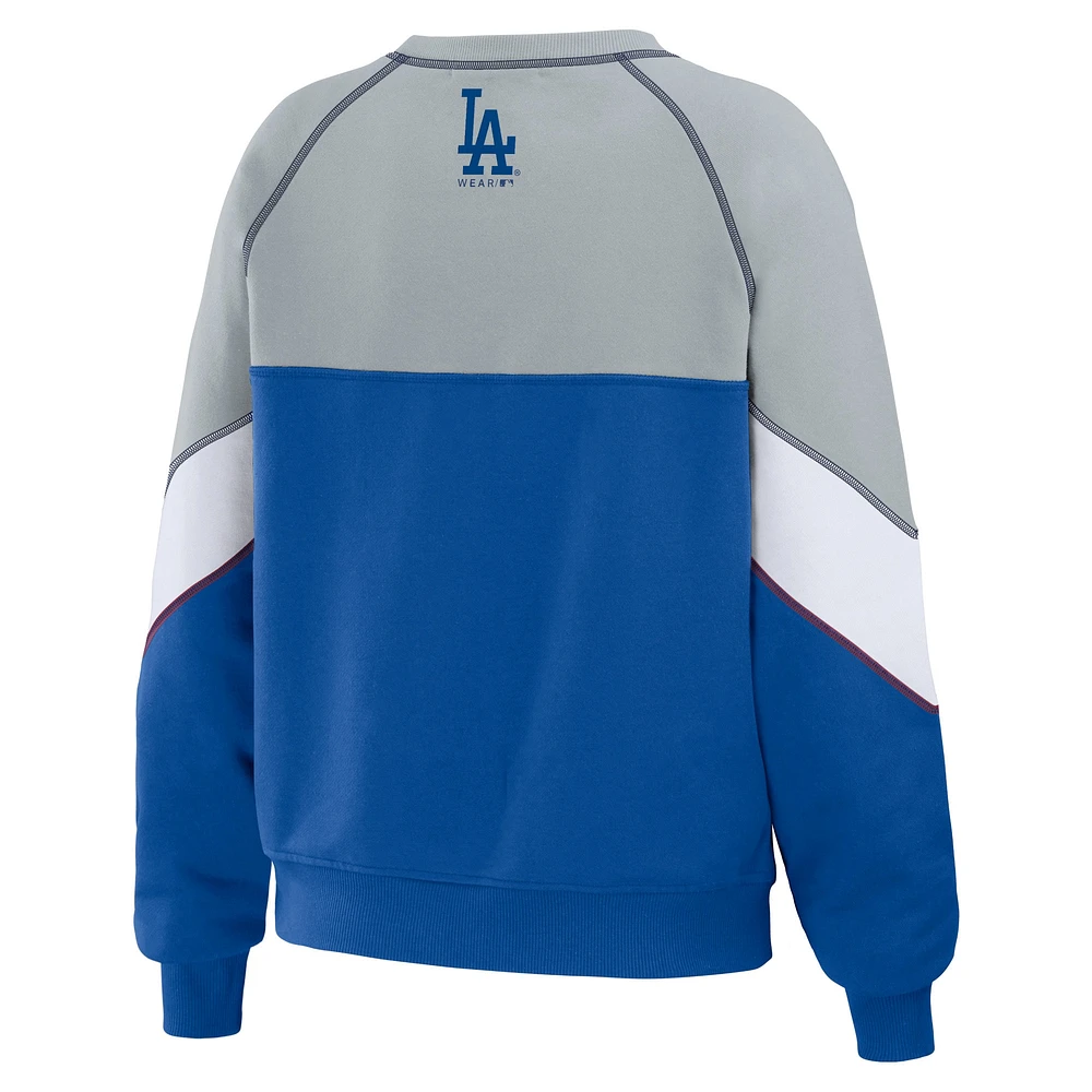 Women's WEAR by Erin Andrews Heather Gray/Royal Los Angeles Dodgers Color Block Crew Neck Pullover Sweatshirt