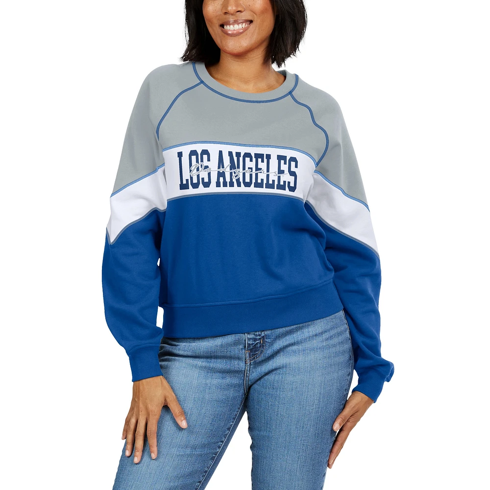 WEAR by Erin Andrews Sweat-shirt à col ras du cou avec blocs de couleurs gris chiné/royal des Dodgers Los Angeles pour femmes