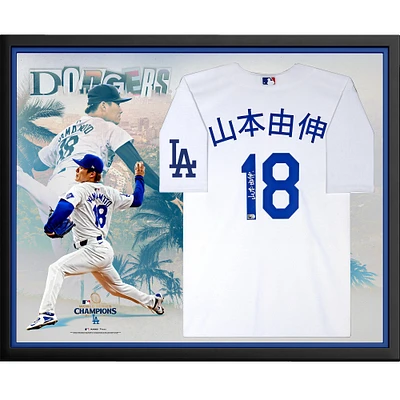 Yoshinobu Yamamoto Los Angeles Dodgers 2024 World Series Champions Framed Nike White Authentic Jersey Collage
