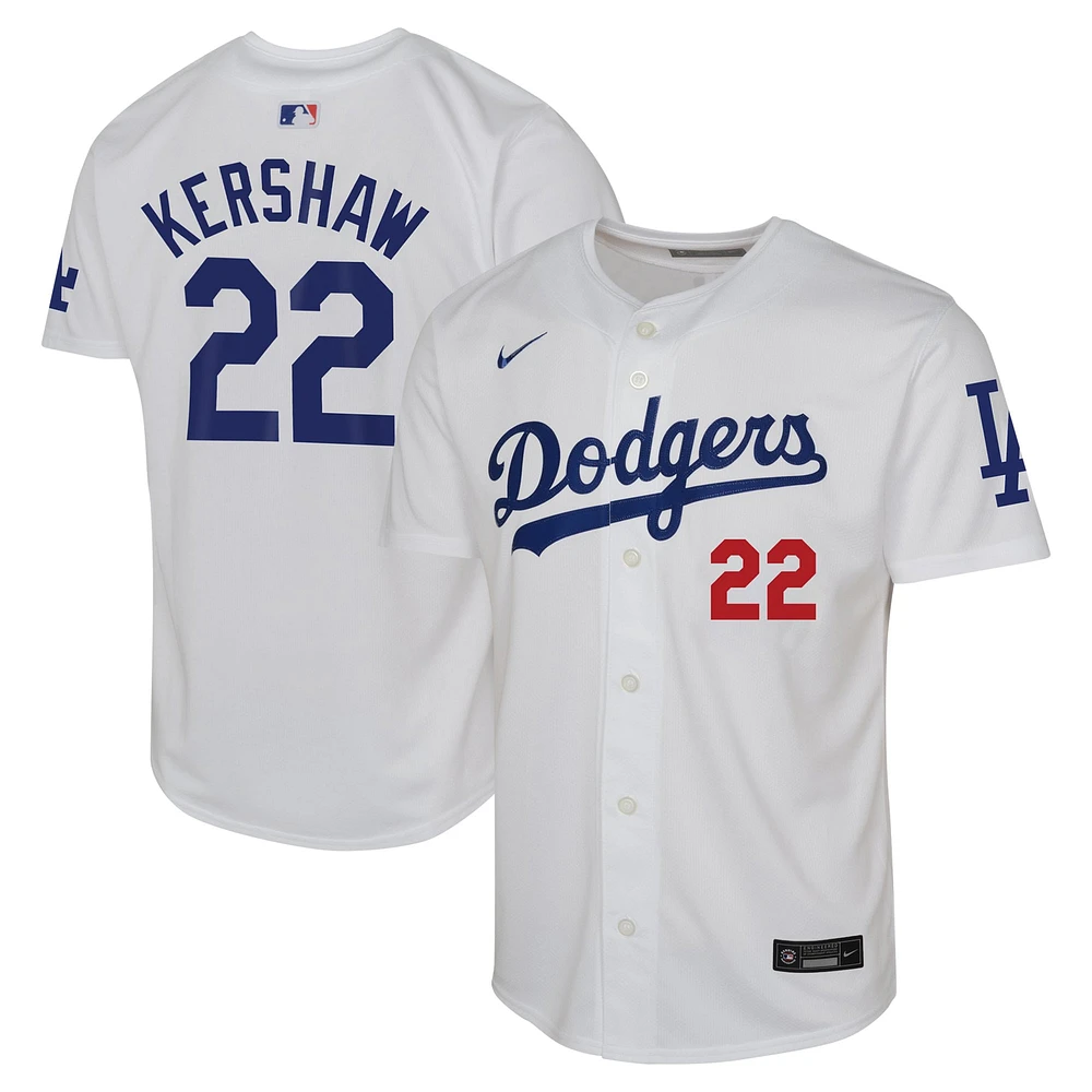 Maillot Nike Clayton Kershaw pour jeune, blanc, Los Angeles Dodgers, domicile limité