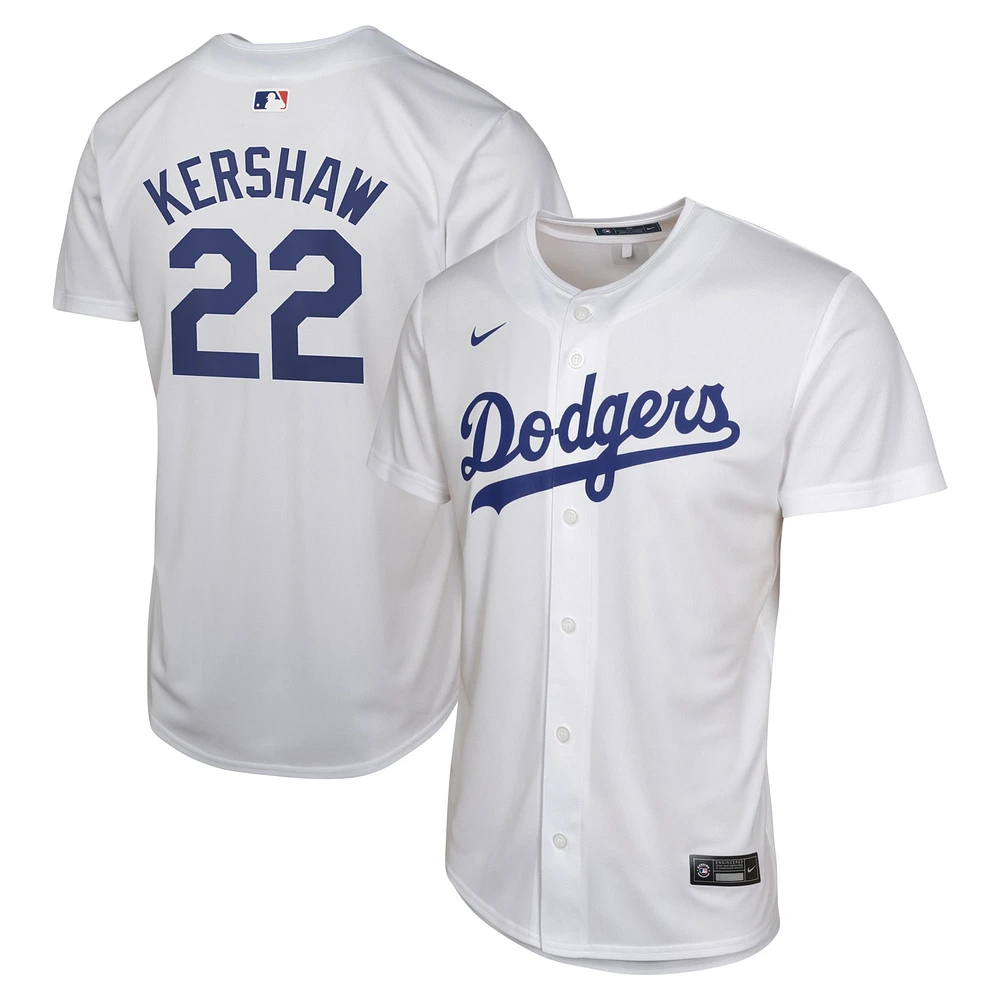 Maillot Nike Clayton Kershaw pour jeune joueur à domicile des Dodgers de Los Angeles, blanc