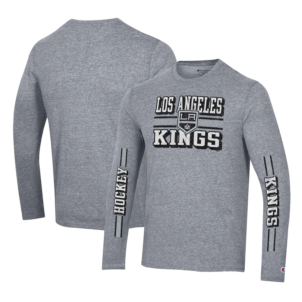 T-shirt à manches longues triple mélange double bande Champion Heather Grey des Los Angeles Kings pour hommes