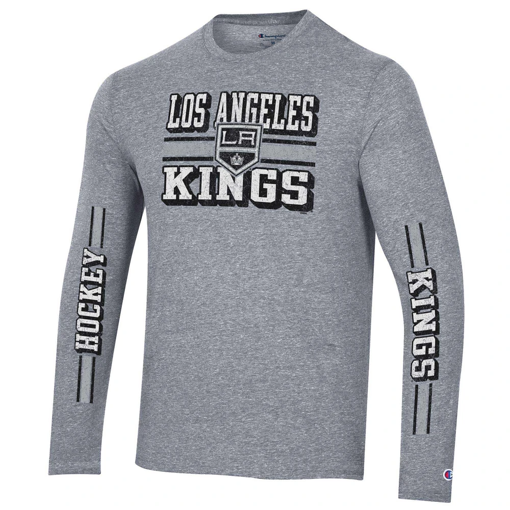 Men's Champion Heather Gray Los Angeles Kings Tri-Blend Dual-Stripe Long Sleeve T-Shirt