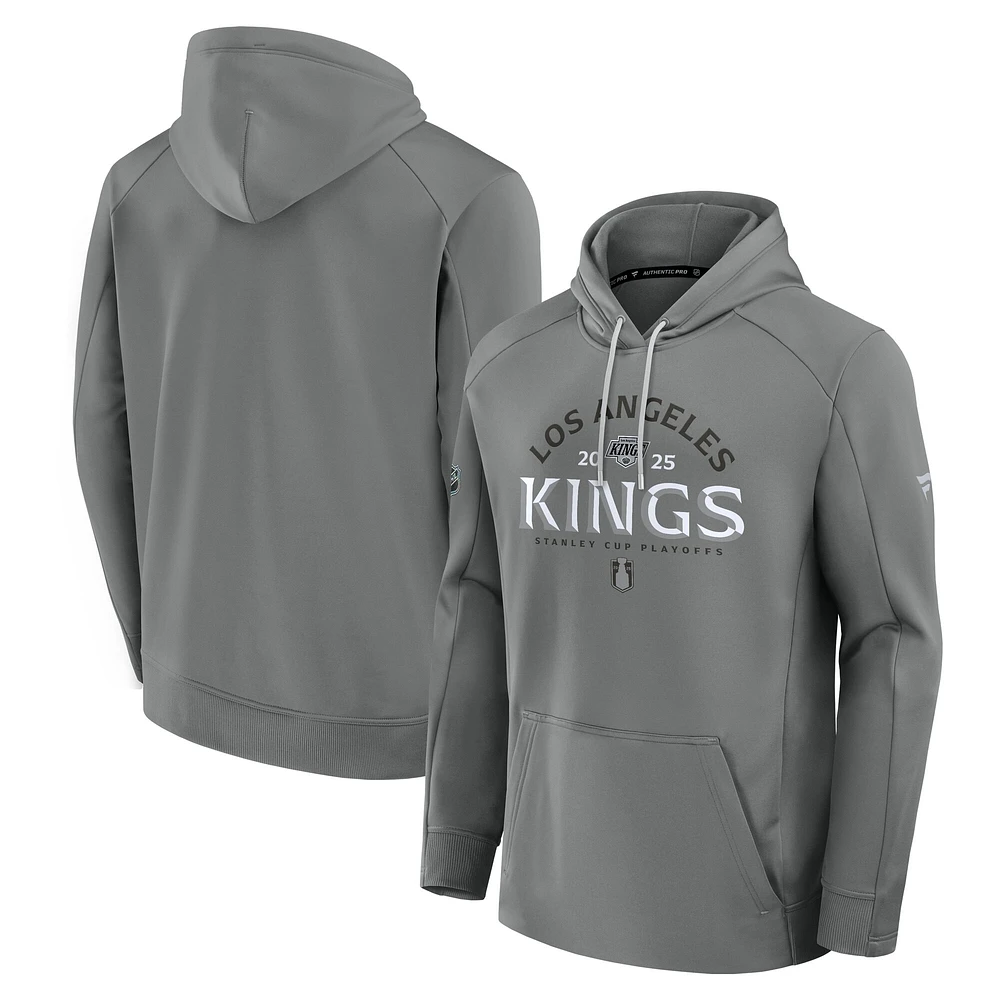 Men's Fanatics Gray Los Angeles Kings 2025 Stanley Cup Playoffs Authentic Pro Rink Fly Fleece Pullover Hoodie