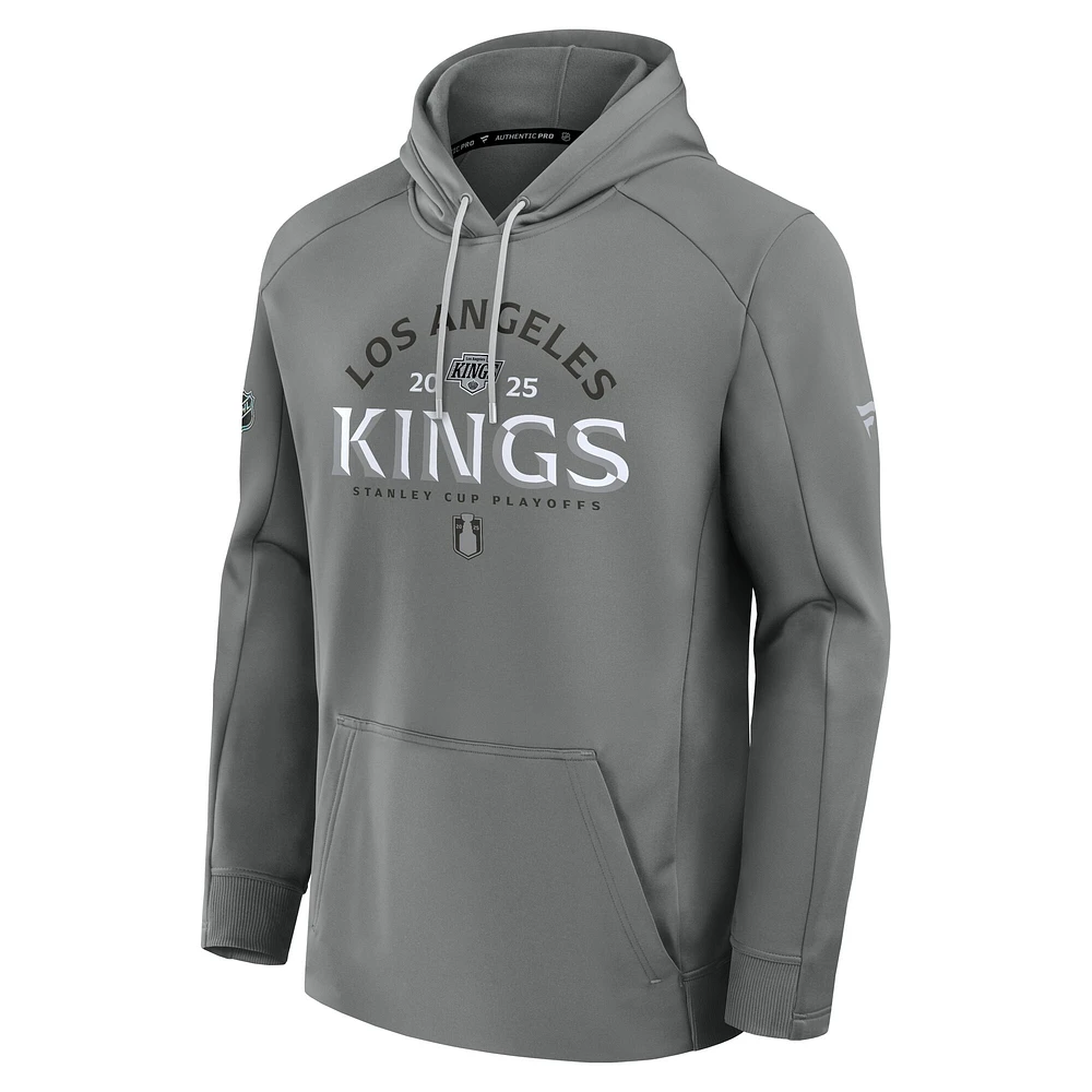 Men's Fanatics Gray Los Angeles Kings 2025 Stanley Cup Playoffs Authentic Pro Rink Fly Fleece Pullover Hoodie
