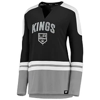 Women's Fanatics Black/Gray Los Angeles Kings Iconic Slapshot Long Sleeve Notch Neck T-Shirt