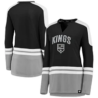 Women's Fanatics Black/Gray Los Angeles Kings Iconic Slapshot Long Sleeve Notch Neck T-Shirt