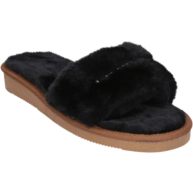 Women's FOCO Royal Los Angeles Rams Two-Tone Crossover Faux Fur Slide Slippers Size: Medium