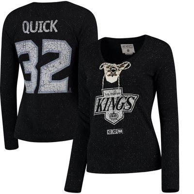 Women's Reebok Jonathan Quick Black Los Angeles Kings Henley Lace Up Name & Number Long Sleeve T-Shirt