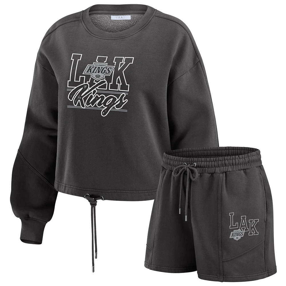 Women's WEAR by Erin Andrews Black Los Angeles Kings Washed Fleece Sweatshirt & Shorts Lounge Set