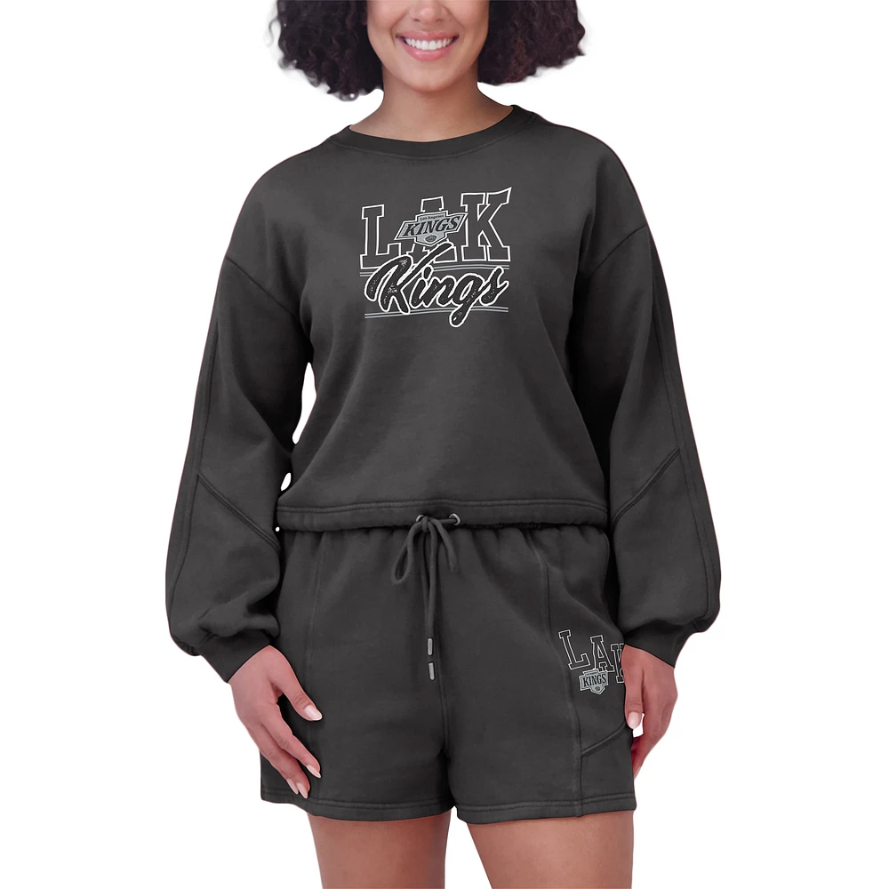 Women's WEAR by Erin Andrews Black Los Angeles Kings Washed Fleece Sweatshirt & Shorts Lounge Set