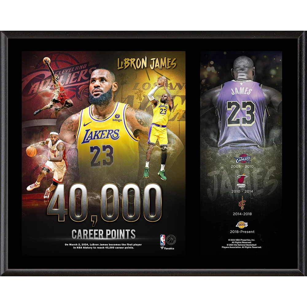 Plaque sublimée LeBron James Los Angeles Lakers 12" X 15" 40 000 points de carrière
