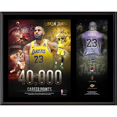 Plaque sublimée LeBron James Los Angeles Lakers 12" X 15" 40 000 points de carrière