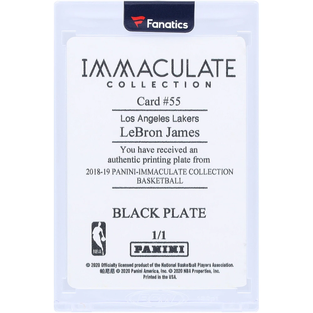 LeBron James Los Angeles Lakers 2018-19 Panini Immaculate Collection Black Printing Plate #55 #1/1 Card