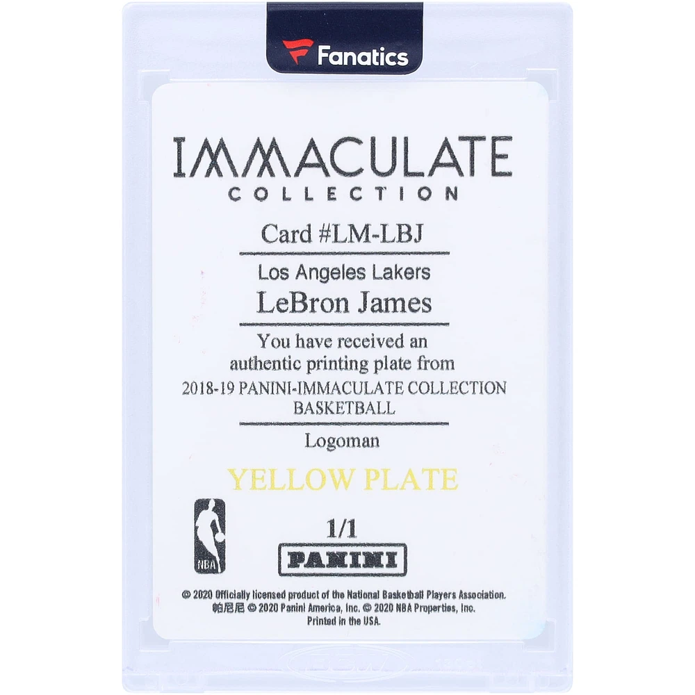 LeBron James Los Angeles Lakers 2018-19 Panini Immaculate Collection Logoman Yellow Printing Plate #LM-LBJ #1/1 Card