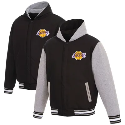 Los Angeles Lakers JH Design Reversible Poly-Twill Hooded Jacket with Fleece Sleeves - Black/Gray