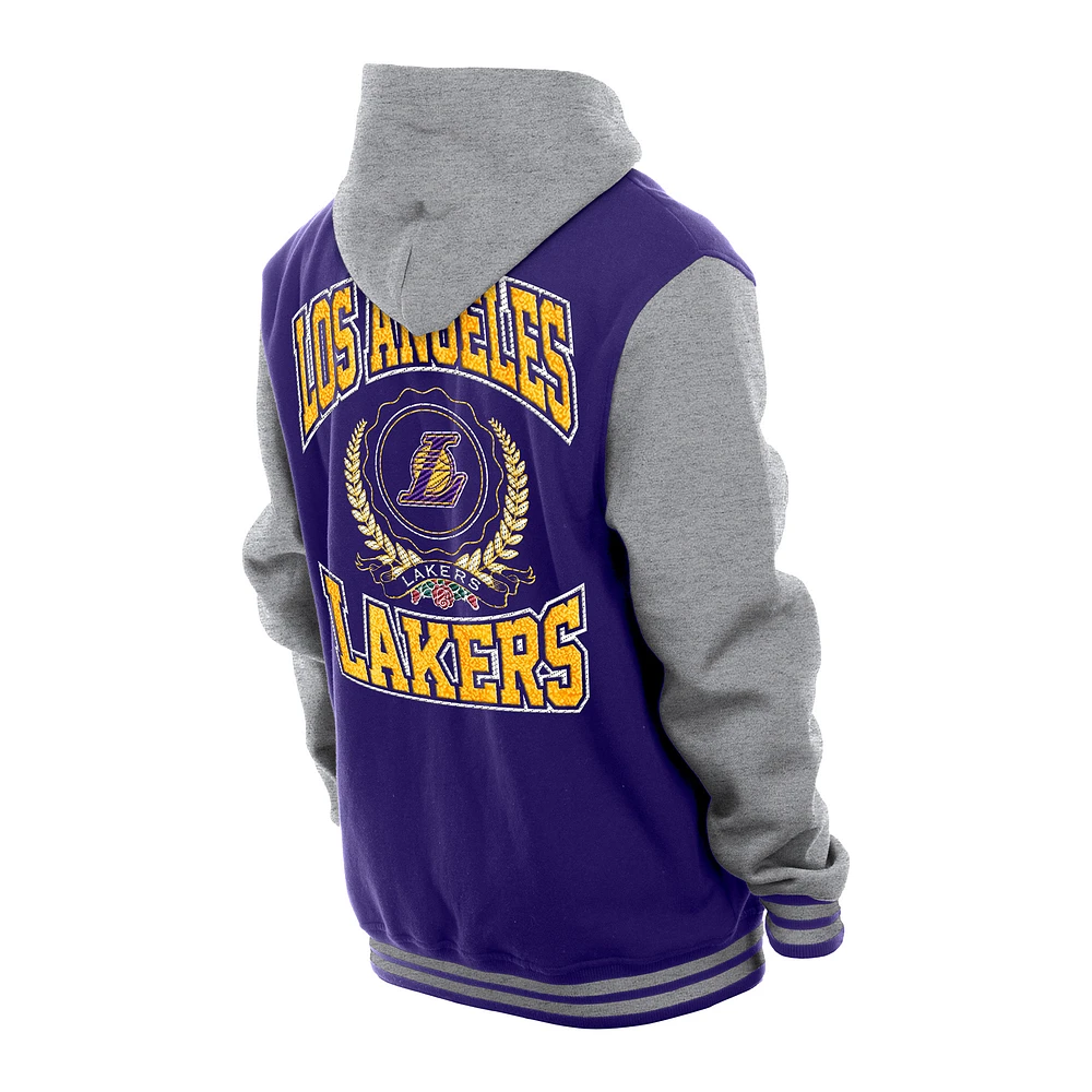 Veste universitaire à capuche en chenille boutons-pression pour homme New Era Los Angeles Lakers Throwback Prep Purple