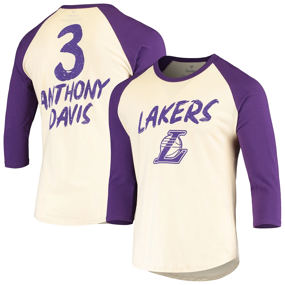 T-shirt à manches 3/4 raglan Fanatics Anthony Davis pour hommes, crème/violet, Los Angeles Lakers