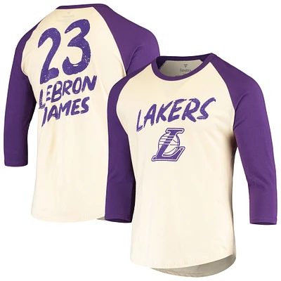 T-shirt à manches 3/4 raglan Fanatics LeBron James crème/violet pour hommes des Los Angeles Lakers