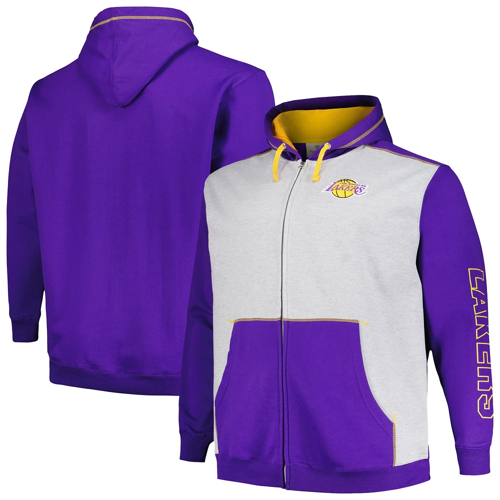 Men's Fanatics Purple/Heather Gray Los Angeles Lakers Big & Tall Contrast Pieced Stitched Full-Zip Hoodie