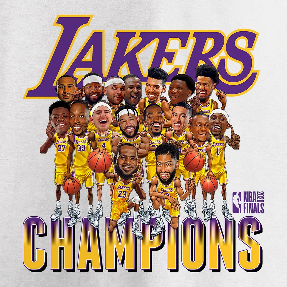 T-shirt blanc Fanatics pour hommes des Los Angeles Lakers 2020 NBA Finals Champions Team Caricature