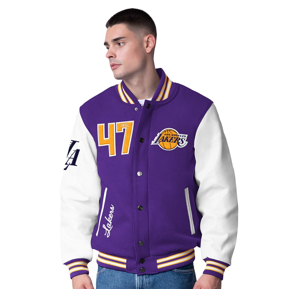 Veste Varsity en laine et cuir Moneyball pour homme G-III Sports by Carl Banks violette des Los Angeles Lakers