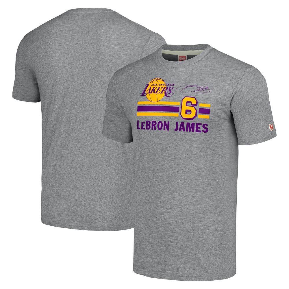 Men's Homage LeBron James Gray Los Angeles Lakers Number Tri-Blend T-Shirt