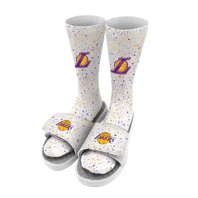 Los Angeles Lakers ISlide Team Logo Speckle Socks & Slide Sandals Bundle - White