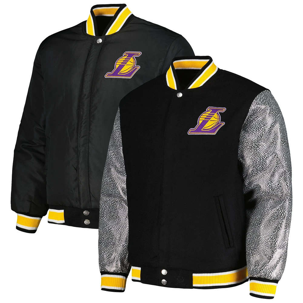 Veste réversible noire à bouton-pression Melton des Los Angeles Lakers JH Design pour hommes