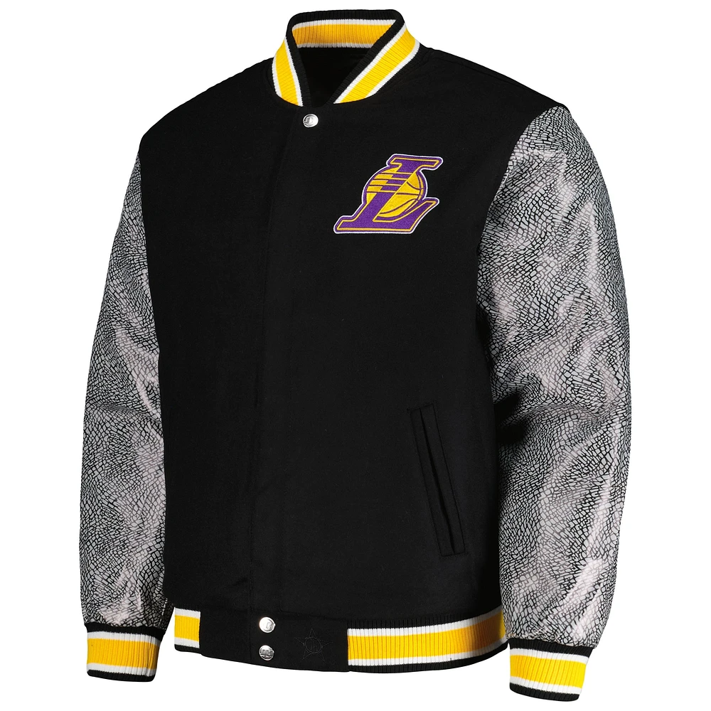 Veste réversible noire à bouton-pression Melton des Los Angeles Lakers JH Design pour hommes