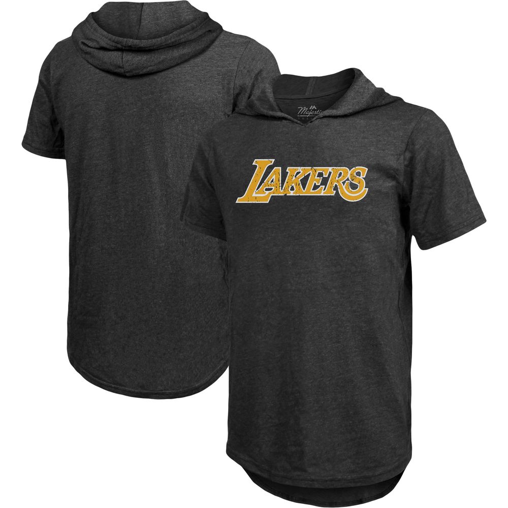 Men's Majestic Threads Heathered Black Los Angeles Lakers Wordmark Tri-Blend Hoodie T-Shirt