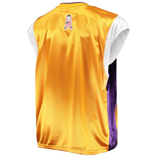 Chemise à col en V pour hommes, Mitchell & Ness, or/violet, Los Angeles Lakers Hardwood Classics Big Tall On-Court Shooting