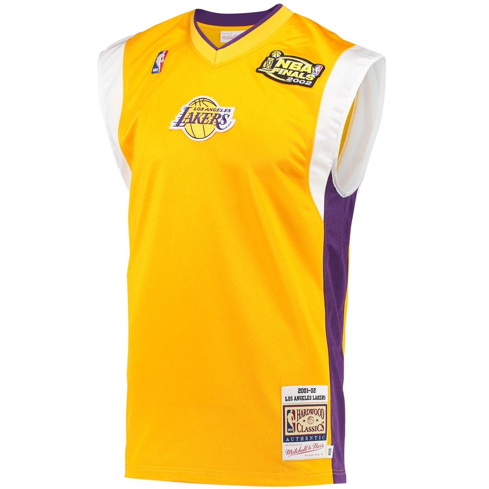 Men's Mitchell & Ness Gold Los Angeles Lakers 2002 NBA Finals Hardwood Classics On-Court Authentic Sleeveless Shooting Shirt