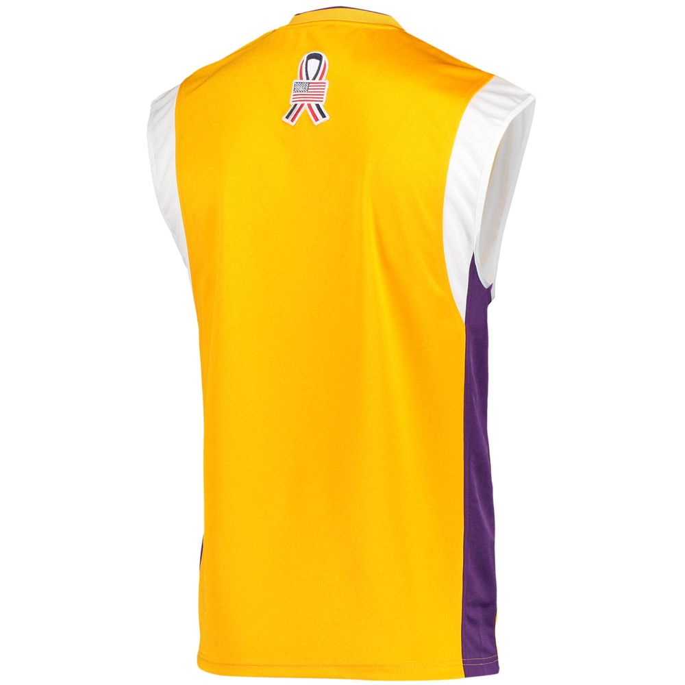 Men's Mitchell & Ness Gold Los Angeles Lakers 2002 NBA Finals Hardwood Classics On-Court Authentic Sleeveless Shooting Shirt