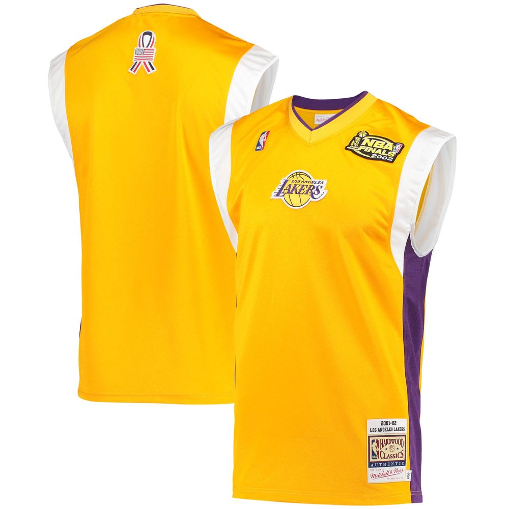 Men's Mitchell & Ness Gold Los Angeles Lakers 2002 NBA Finals Hardwood Classics On-Court Authentic Sleeveless Shooting Shirt