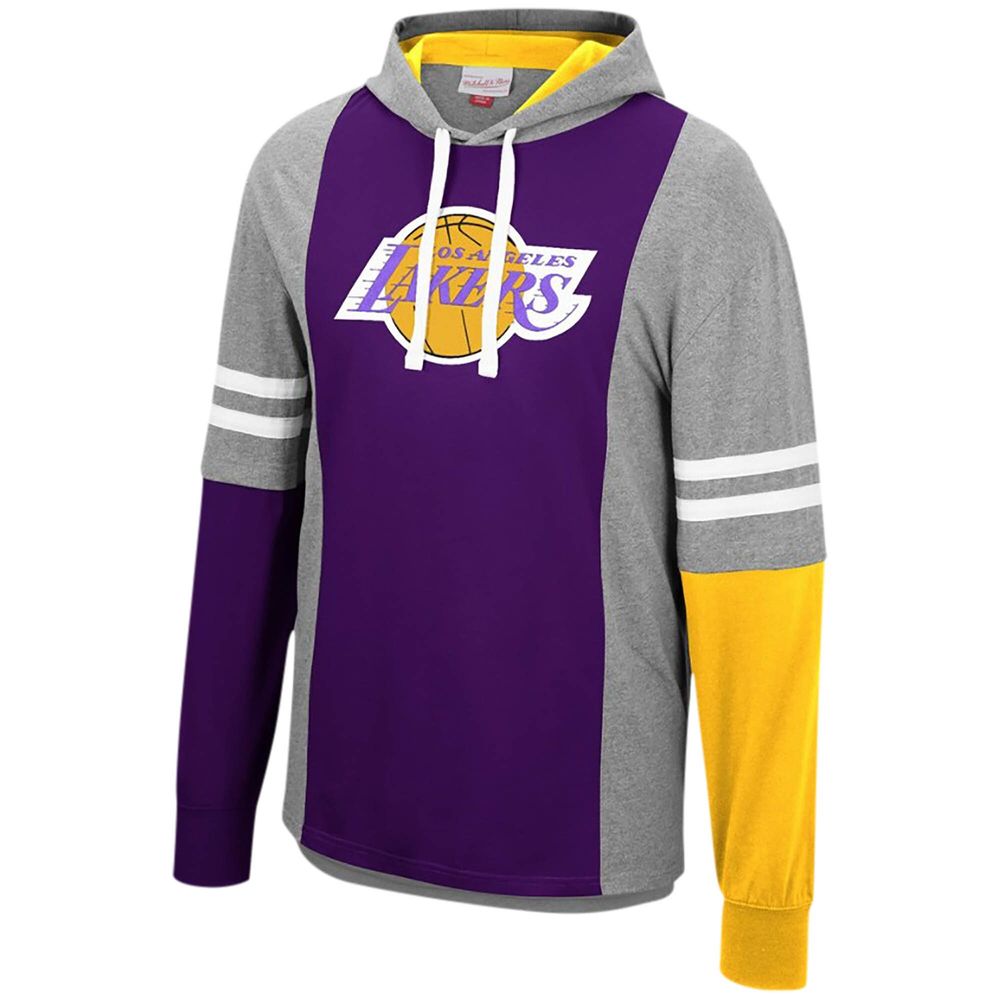 Men's Mitchell & Ness Heathered Gray/Purple Los Angeles Lakers Color  Blocked Long Sleeve Hoodie T-Shirt