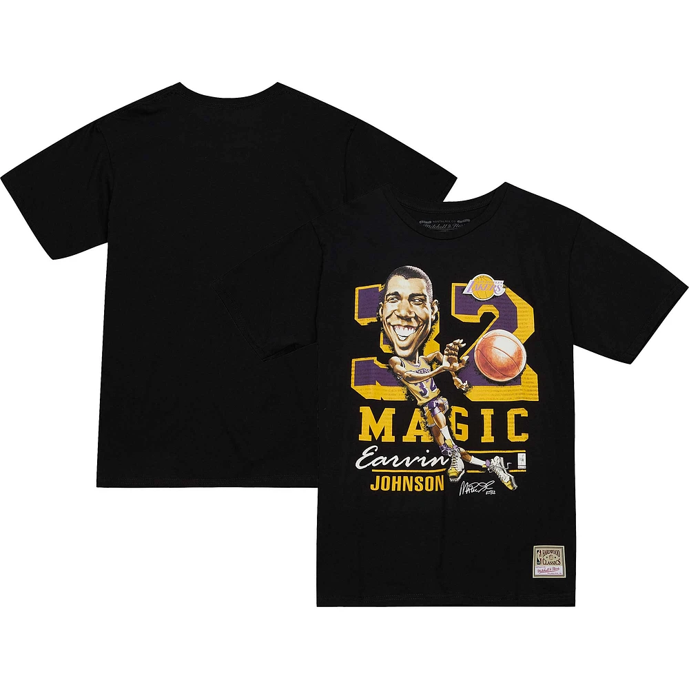 Men's Mitchell & Ness Magic Johnson Black Los Angeles Lakers Hardwood Classics Caricature T-Shirt