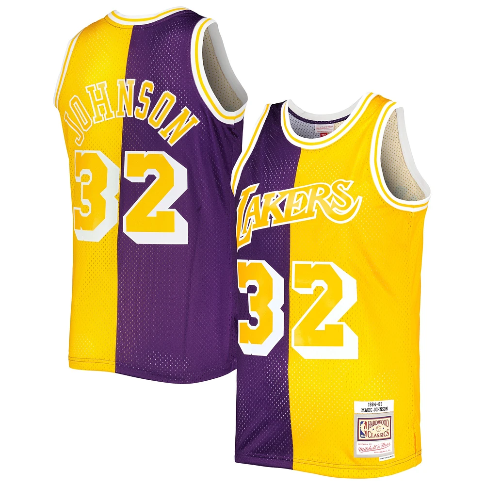 Maillot Swingman divisé Mitchell & Ness Magic Johnson violet/or pour hommes des Los Angeles Lakers Hardwood Classics 1984/85