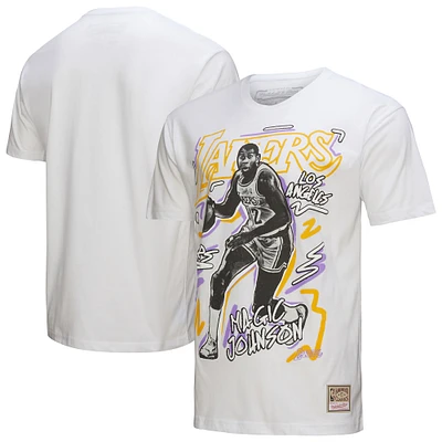T-shirt blanc pour homme Mitchell & Ness Magic Johnson des Los Angeles Lakers Hardwood Classics Chalked Up