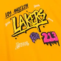 Men's Mitchell & Ness Orange Los Angeles Lakers Hardwood Classics Slap Sticker - T-Shirt