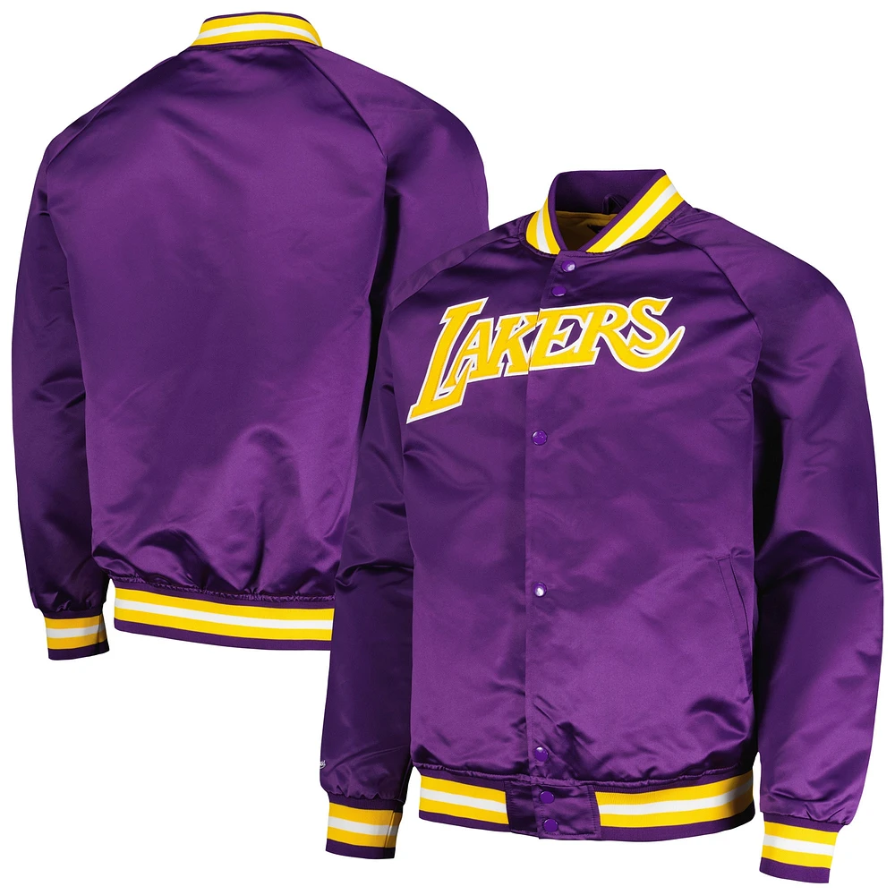 Veste violette Mitchell & Ness pour hommes des Los Angeles Lakers Hardwood Classics Throwback Wordmark Raglan Full-Snap Jacket